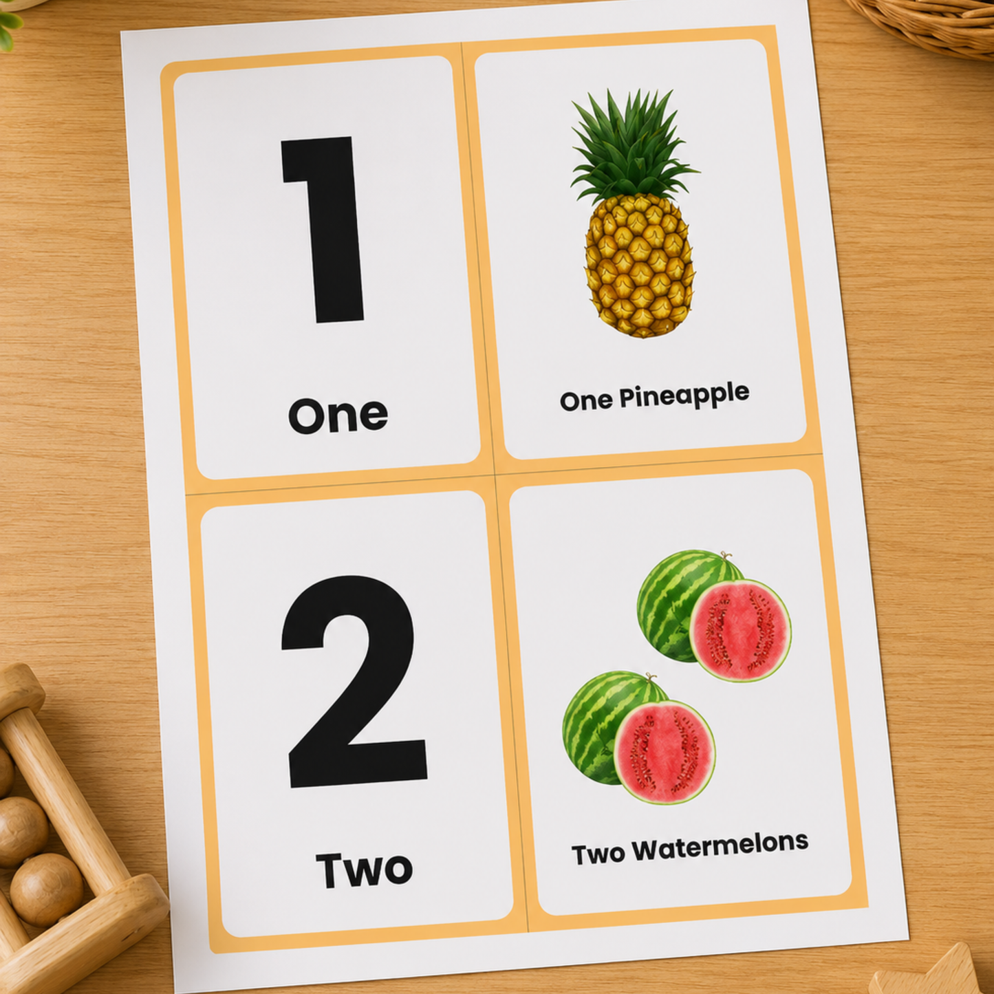 Numbers 1–20 & Fruits Flash Cards Printable for Kids