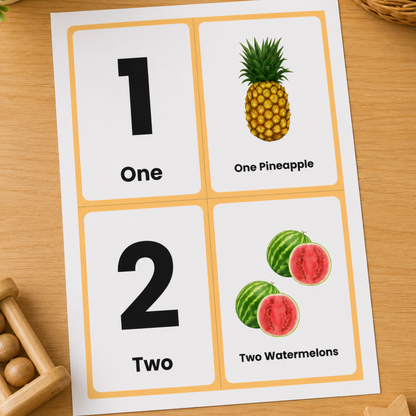 Numbers 1–20 & Fruits Flash Cards Printable for Kids