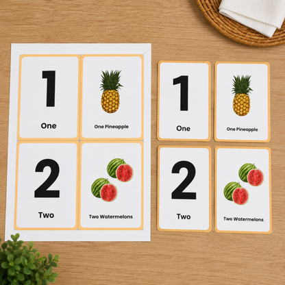 Numbers 1–20 & Fruits Flash Cards Printable for Kids